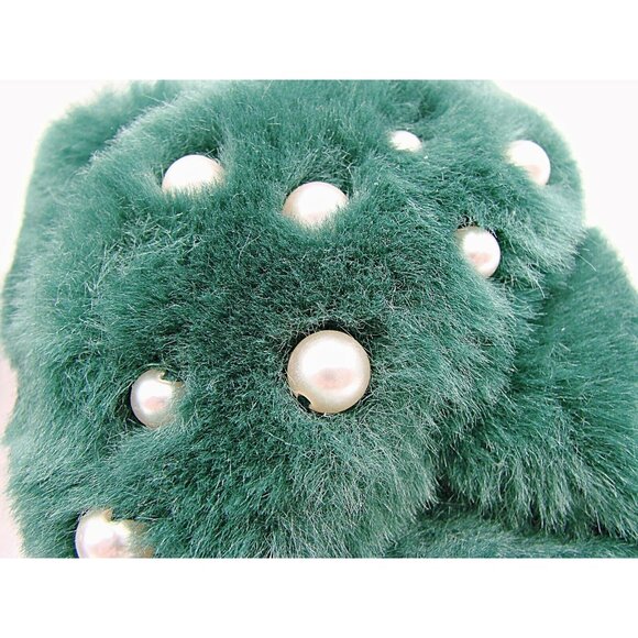 Victoria's Secret Green Slippers Womens Small Faux Fur Slides Pearl Accents Soft - Picture 3 of 9